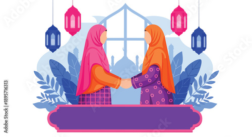 Two Muslim Women Shaking Hands With Islamic Lanterns And Mosque Silhouette