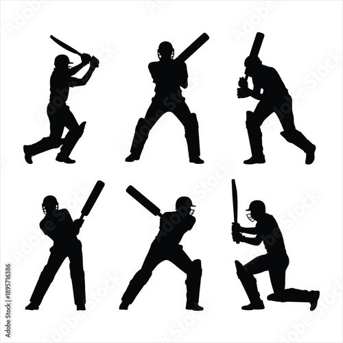 Diverse cricket batsman silhouettes collection for sports branding and logos
