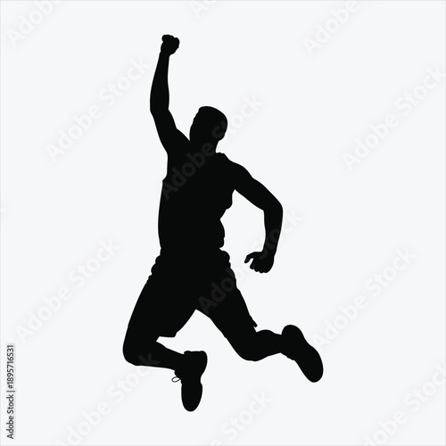 Victorious athlete silhouette kneeling with raised fist in celebration, sports success concept