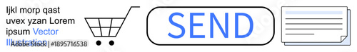 E-commerce, digital transactions, online communication, app development, user interface, internet shopping. Shopping cart, send button and document icon. E-commerce and digital transactions concept