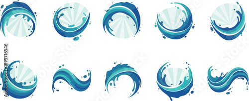 Collection of blue wave illustrations showcasing various ocean movements and splashes in a fluid motion graphic design