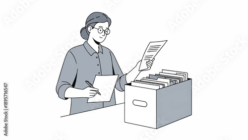 Illustrated office worker organizing papers at a desk with filing cabinet and scanner in a busy business setting.