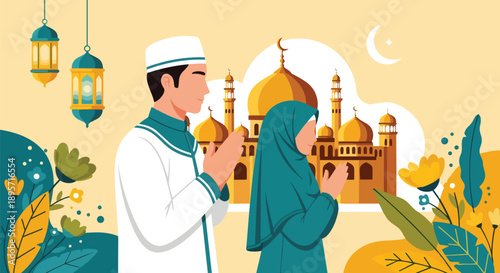 Muslim Couple Praying in Front of a Mosque During Ramadan