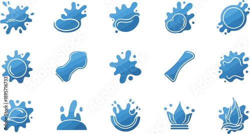 Various blue abstract icons representing different shapes and splashes arranged in a grid pattern on a plain background