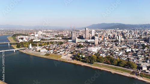 Tableau sur toile Kurume, Fukuoka, Kyushu Island, Japan: Aerial View of Nagatoishi Bridge, Chikugo