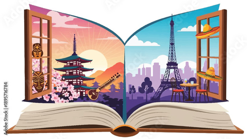 Open book reveals twin cityscapes: a sunset temple scene and Paris skyline.