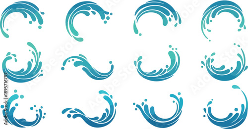 A collection of blue water splash illustrations in various dynamic shapes and forms