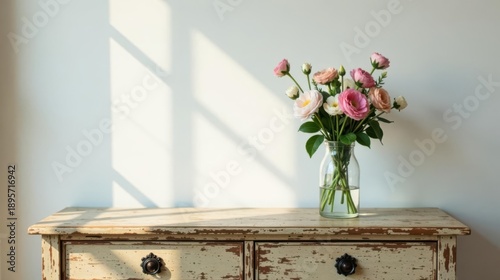 A rustic dresser displays a bouquet of delicate pink and white flowers in a clear glass vase, bathed in soft sunlight streaming through an unseen window.