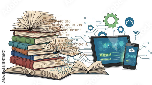 Stacks of open and closed books beside tablets displaying charts and digital data for learning and technology.