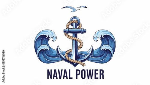 Illustrated naval anchor emblem with rope waves and seagull.