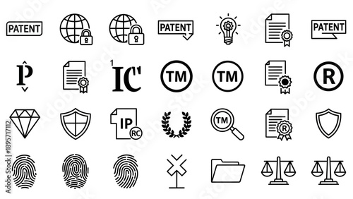 Intellectual property law symbols and icons.