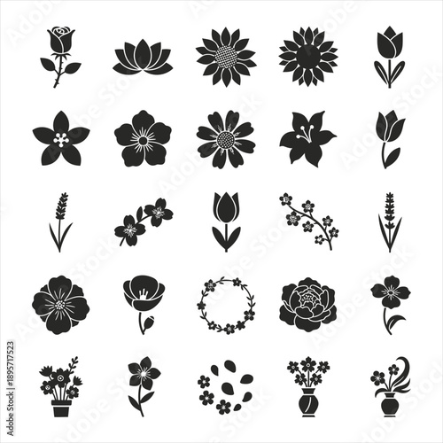 Minimalist floral icons and flower silhouettes set for spring and nature design