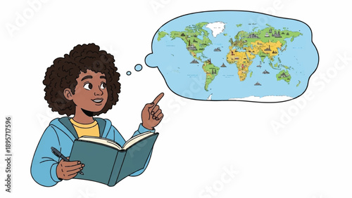 Young student reads a book while a world map illustration appears in a speech bubble.