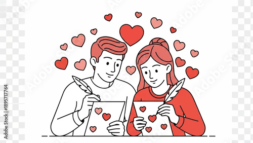 Young couple creating handmade Valentine's cards with hearts and smiles.
