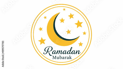 Ramadan Mubarak greeting with crescent moon and stars emblem.
