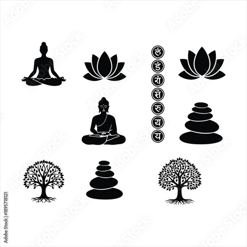 Yoga and spirituality elements set with Buddha, lotus flower, and zen stones