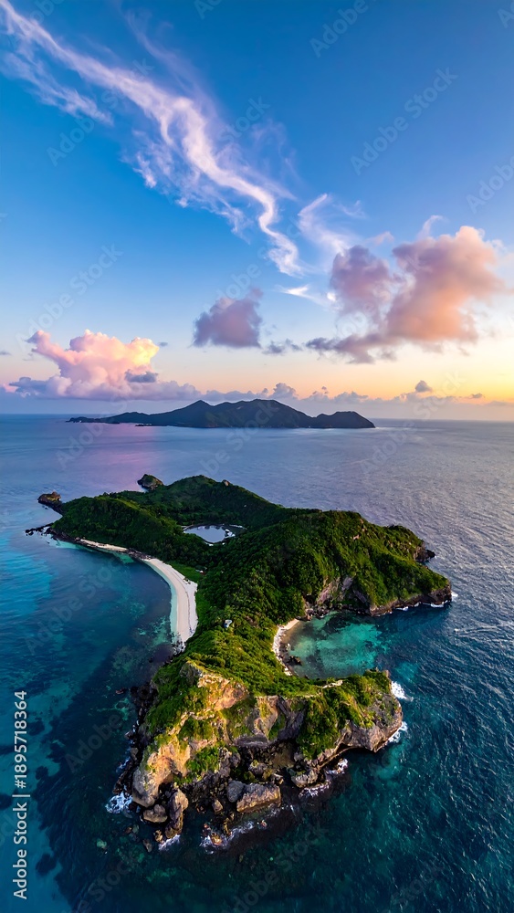 Fototapeta premium Lush island meets ocean, sunset sky above, distant island visible, scenic, tranquil vista