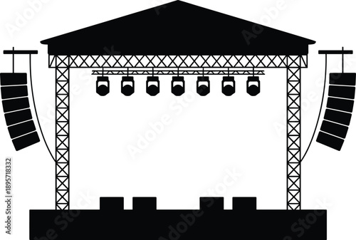 Concert stage silhouette with lighting rig and speakers isolated on white background for music festival event production illustration design artwork