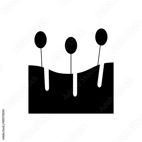 A minimalist vector graphic illustration of three microphones on a soundboard or podium, depicted in a simple flat design with bold black shapes and clean lines.
