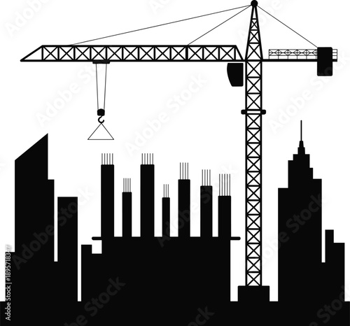 Construction site skyline silhouette with tower crane and unfinished buildings isolated on white background for urban development illustration design artwork