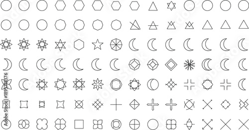 Abstract geometric shape icon set with circles stars moons polygons and line symbols in black and white outline isolated on white background