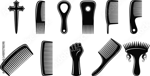 Black and white afro hair comb and pick silhouette set featuring cultural hair tools and raised fist symbol in vector style