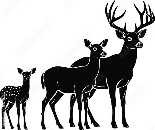 Black and white deer family silhouette illustration featuring majestic stag, graceful doe, and cute fawn in minimalist wildlife style