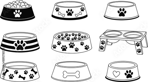 Black and white dog food bowl icon set with paw prints bones and elevated feeder designs isolated on white background