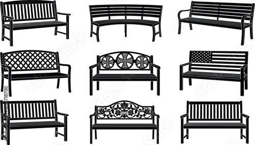 Black and white park bench icon set with wooden and metal outdoor seating designs for garden street and public spaces isolated on white background
