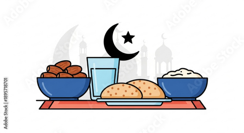 Ramadan Iftar Meal with Dates, Pita Bread, and Water on Table during Crescent Moon and Star