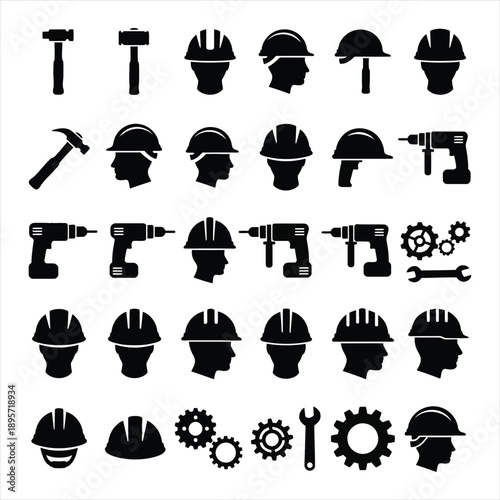 Professional construction and hardware tools icons with hammer, drill and safety helmet