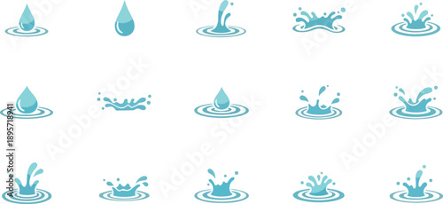 Water droplets falling into a puddle, creating ripples and splashes from a top-down viewpoint