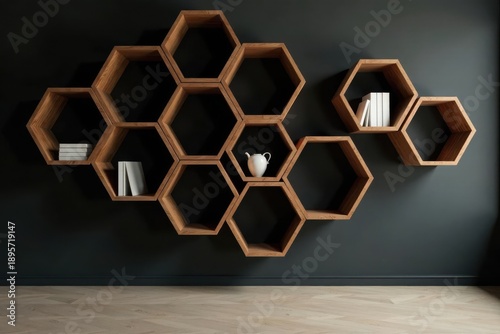 Wallpaper Mural Modern honeycomb shelving unit against a dark wall, featuring books and a small ceramic pot Torontodigital.ca