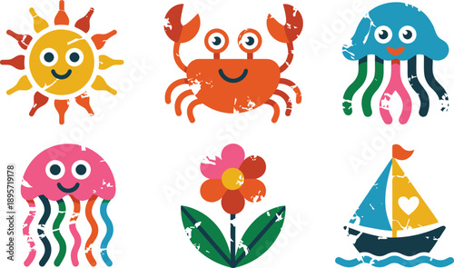 Cheerful sun, friendly crab, colorful jellyfish, bright flower, cute sailboat, summer vacation illustration