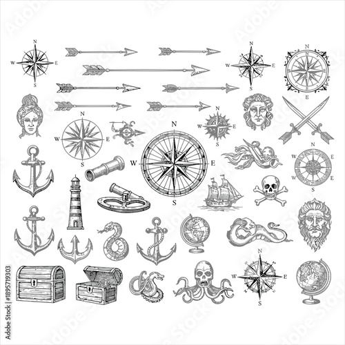 Nautical symbols set with anchor compass and lighthouse vector