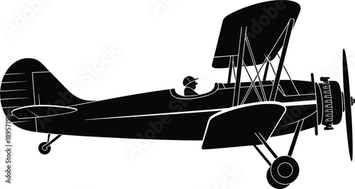Vintage biplane airplane silhouette with pilot isolated on white background for aviation history retro aircraft illustration design and travel branding artwork