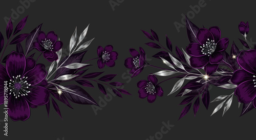 Elegant seamless dark floral border with purple flowers and silver leaves design
