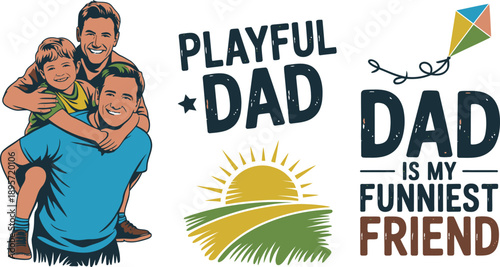 Father and son playing, playful dad graphic, happy family relationship, Dads Day celebration elements