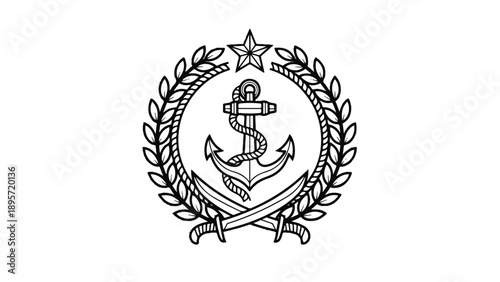 Nautical emblem featuring anchor, rope, laurel wreath and star within circular badge design.