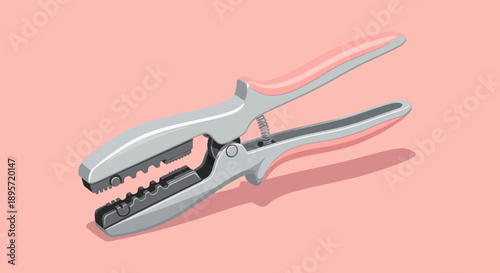Wire stripping tool with pink handles on a pink background.
