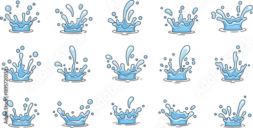 A collection of blue crown illustrations with splashing water effects on a plain surface from various viewpoints
