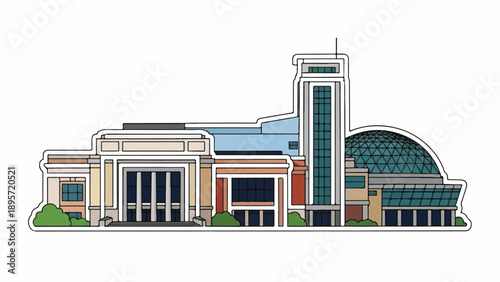 Stylized Modern Building Complex with Glass Dome and Tower Structures Illustration.
