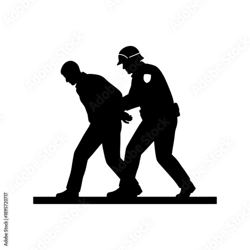 A professional black silhouette illustration of a law enforcement officer arresting a criminal suspect, isolated on a white background.