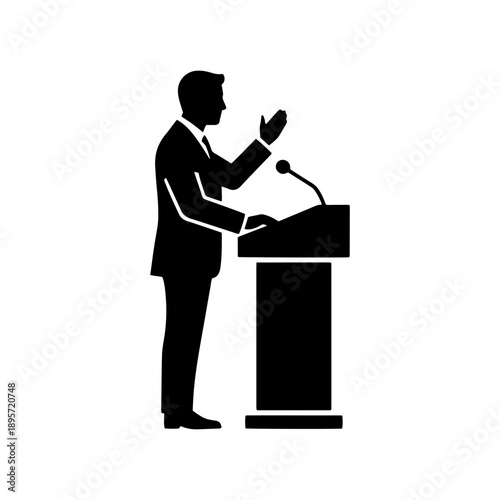 Minimalist black silhouette of a businessman or politician giving a speech at a lectern with a microphone for leadership and communication concepts.