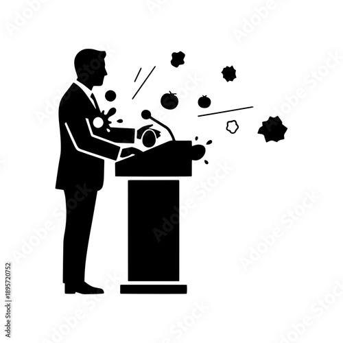 Black and white silhouette of a man giving a speech while being pelted with trash and tomatoes, representing public criticism, failure, and unpopularity.
