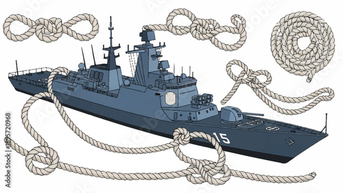 Large naval battleship with heavy ropes and nautical motifs lying at sea, detailed and dramatic.