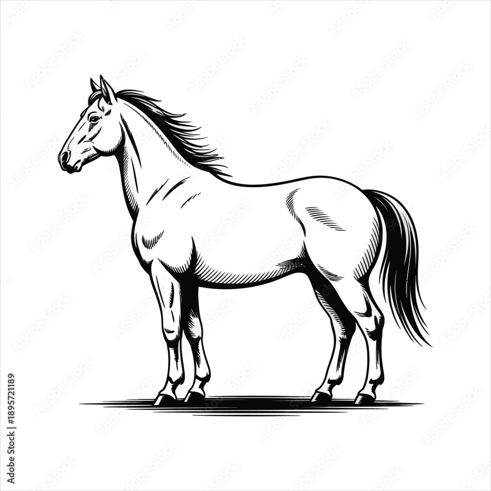 Obraz premium Elegant standing horse profile black and white vector line art illustration