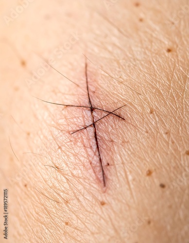 Close-up of stitched skin. Small incision, sutured together with fine thread. Visible moles and skin texture detail