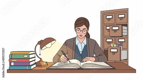Focused researcher seated at a cluttered desk with books, globe, and filing cabinet in a quiet office space.