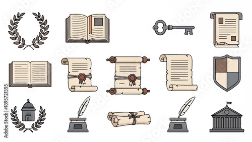 Collection of educational icons including books scrolls diploma quill and desk symbols.